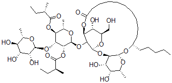 CAS 登录号：149155-65-7， (11)-分子内 1,3''-11-((O-6-脱氧-alpha-L-甘露糖基-(1-3)-O-6-脱氧-2,4-二-O-((2S)-2-甲基-1-氧代丁基)-alpha-L-吡喃甘露糖基-(1-2)-O-beta-D-吡喃葡萄糖基-(1-2)-6-脱氧-beta-D-吡喃半乳糖基)氧基)十六烷酸酯