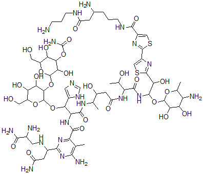 CAS 登录号：77368-63-9， [2-[2-[2-[[6-氨基-2-[3-氨基-1-[(2,3-二氨基-3-氧代丙基)氨基]-3-氧代丙基]-5-甲基嘧啶-4-羰基]氨基]-3-[[5-[[1-[[2-[4-[4-[[4-氨基-6-(3-氨基丙基氨基)-6-氧代己基]氨基甲酰]-1,3-噻唑-2-基]-1,3-噻唑-2-基]-1-(5-氨基-3,4-二羟基-6-甲基四氢吡喃-2-基)氧基-2-羟基乙基]氨基]-3-羟基-1-氧代丁烷-2-基]氨基]-3-羟基-5-氧代戊烷-2-基]氨基]-1-(3H-咪唑-4-基)-3-氧代丙氧基]-4,5-二羟基-6-(羟基甲基)四氢吡喃-3-基]氧基-3,5-二羟基-6-(羟基甲基)四氢吡喃-4-基]氨基甲酸酯