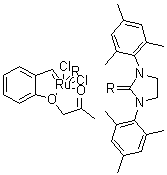 结构式 CAS# 1014701-61-1, [1,3-双(2,4,6-三甲基苯基)-2-咪唑烷亚基][[2-[2-氧代丙氧基]苯基]亚甲基]二氯化钌