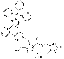 structure of CAS# 1020157-01-0, N2-Tritylolmesartan medoxomil;(5-methyl-2-oxo-1,3-dioxol-4-yl)methyl 5-(2-hydroxypropan-2-yl)-2-propyl-3-[[4-[2-(2-trityltetrazol-5-yl)phenyl]phenyl]methyl]imidazole-4-carboxylate