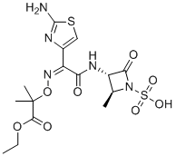 structure of CAS# 102579-57-7, Aztreonam Ethyl Ester;(2S,3S)-3-[[(2Z)-2-(2-amino-1,3-thiazol-4-yl)-2-(1-ethoxy-2-methyl-1-oxopropan-2-yl)oxyiminoacetyl]amino]-2-methyl-4-oxoazetidine-1-sulfonic acid