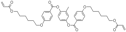structure of CAS# 125248-71-7, 1,4-Di[4-(6-acryloyloxyhexyloxy)benzoyloxy]-2-methylbenzene;4-[[6-[(1-Oxo-2-propen-1-yl)oxy]hexyl]oxy]benzoic acid 1,1'-(2-methyl-1,4-phenylene) ester; Methylhydroquinone bis(4-(6-acryloyloxyhexyloxy) benzoic acid) ester