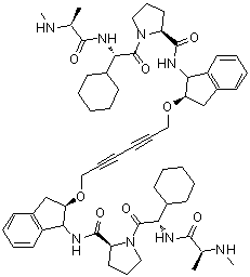 structure of CAS# 1258392-53-8, AZD 5582;3,3'-[2,4-Hexadiyne-1,6-diylbis[oxy[(1S,2R)-2,3-dihydro-1H-indene-2,1-diyl]]]bis[N-methyl-L-alanyl-(2S)-2-cyclohexylglycyl-L-prolinamide]