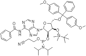 N-Benzoyl-5'-O-[bis(4-methoxyphenyl)phenylmethyl]-3'-O-[(1,1-dimethylethyl)dimethylsilyl]adenosine 2'-[2-cyanoethyl N,N-bis(1-methylethyl)phosphoramidite] molecular structure (CAS 129451-75-8)