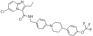 structure of CAS# 1334719-95-7, 6-Chloro-2-ethyl-N-[[4-[4-[4-(trifluoromethoxy)phenyl]-1-piperidinyl]phenyl]methyl]imidazo[1,2-a]pyridine-3-carboxamide;IAP 6; Q 203