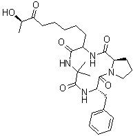 structure of CAS# 157618-75-2, Cyclo[2-methylalanyl-L-phenylalanyl-D-prolyl-(2S,9R)-2-amino-9-hydroxy-8-oxodecanoyl]