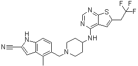 结构式 CAS# 1628317-18-9, 4-甲基-5-[[4-[[6-(2,2,2-三氟乙基)噻吩并[2,3-d]嘧啶-4-基]氨基]-1-哌啶基]甲基]-1H-吲哚-2-甲腈