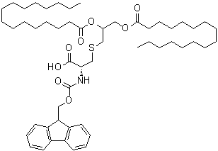 Hexadecanoic acid 1,1'-[1-[[[(2R)-2-carboxy-2-[[(9H-fluoren-9-ylmethoxy)carbonyl]amino]ethyl]thio]methyl]-1,2-ethanediyl] ester molecular structure (CAS 210532-98-2)