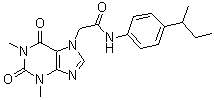structure of CAS# 332117-28-9, 1,2,3,6-Tetrahydro-1,3-dimethyl-N-[4-(1-methylpropyl)phenyl]-2,6-dioxo-7H-purine-7-acetamide;Chembridge 5861528