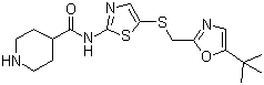 结构式 CAS# 345627-80-7, BMS-3870032; N-[5-[(5-叔丁基-1,3-恶唑-2-基)甲硫基]-1,3-噻唑-2-基]哌啶-4-甲酰胺
