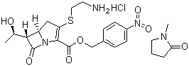 结构式 CAS# 442847-66-7, (5R,6S)-3-[(2-氨基乙基)硫]-6-[(1R)-1-羟乙基]-7-氧代-1-氮杂二环[3.2.0 ]庚-2-烯-2-羧酸-(4-硝基苯)甲酯盐酸盐 1-甲基-2-吡咯烷酮  (1:1) 溶剂化合物; 硫霉素对硝基苯甲酯盐酸盐(N-甲基吡咯烷酮溶剂化合物); 亚胺培南中间体