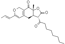 structure of CAS# 50980-32-0, Ankaflavin;(3S,3aR,9aR)-3a,4,8,9a-Tetrahydro-9a-methyl-3-(1-oxooctyl)-6-(1E)-1-propen-1-yl-2H-furo[3,2-g][2]benzopyran-2,9(3H)-dione