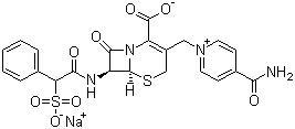 structure of CAS# 52152-93-9, Cefsulodine sodium;Sodium (6R,7R)-3-[(4-carbamoylpyridin-1-ium-1-yl)methyl]-8-oxo-7-[[(2R)-2-phenyl-2-sulfonatoacetyl]amino]-5-thia-1-azabicyclo[4.2.0]oct-2-ene-2-carboxylate