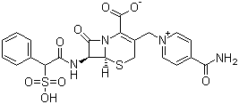 结构式 CAS# 62587-73-9, 头孢磺啶; (6R,7R)-3-[(4-氨基甲酰基吡啶-1-鎓-1-基)甲基]-8-氧代-7-[[(2R)-2-苯基-2-磺酸基乙酰]氨基]-5-硫杂-1-氮杂双环[4.2.0]辛-2-烯-2-甲酸
