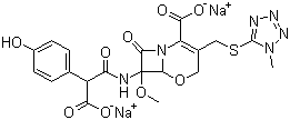 结构式 CAS# 64953-12-4, 拉氧头孢钠; 7-[[羧基(4-羟基苯基)乙酰]氨基]-7-甲氧基-3-[[(1-甲基-1H-四唑-5-基)硫]甲基]-8-氧代-5-氧杂-1-氮杂双环[4.2.0]辛-2-烯-2-甲酸二钠盐