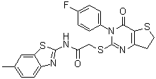 结构式 CAS# 687561-60-0, 2-[[3-(4-氟苯基)-3,4,6,7-四氢-4-氧代噻吩并[3,2-d]嘧啶-2-基]硫基]-N-(6-甲基-2-苯并噻唑基)乙酰胺