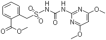 structure of CAS# 83055-99-6, Bensulfuron methyl ;2-[[[[[(4,6-dimethoxy-2-pyrimidinyl)amino]carbonyl]amino]sulfonyl]methyl]benzoic acid methyl ester; Bensulfuron Me; DPX-F5384; Londax; Methyl 2-((((((4,6-dimethoxy-2-pyrimidinyl)amino)carbonyl)amino)sulfonyl)methyl)benzoate
