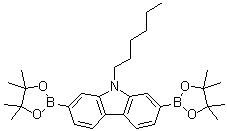 structure of CAS# 871696-12-7, 9-Hexyl-2,7-bis(4,4,5,5-tetramethyl-1,3,2-dioxaborolan-2-yl)-9H-carbazole