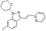 structure of CAS# 886230-77-9, (E)-6-Iodo-3-[2-(pyridin-2-yl)ethenyl]-1-(tetrahydro-2H-pyran-2-yl)-1H-indazole;6-iodo-1-(oxan-2-yl)-3-[(E)-2-pyridin-2-ylethenyl]indazole