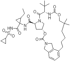 结构式 CAS# 923590-37-8, Vaniprevir; MK 7009; (1R,2R)-N-[[[6-(2-羧基-2,3-二氢-1H-异吲哚-4-基)-2,2-二甲基己基]氧]羰基]-3-甲基-L-缬氨酰-(4R)-4-羟基-L-脯氨酰-1-氨基-N-(环丙基磺酰基)-2-乙基环丙甲酰胺 (1-2)-内酯