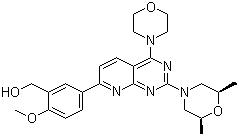 structure of CAS# 938440-64-3, KU-0063794;5-[2-[(2R,6S)-2,6-Dimethyl-4-morpholinyl]-4-(4-morpholinyl)pyrido[2,3-d]pyrimidin-7-yl]-2-methoxybenzenemethanol